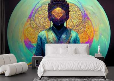 Silhouettes of Buddha on the background of a luminous mandala. The concept of meditation and relaxation. Perfect for phone wallpaper or for posters. Wall mural