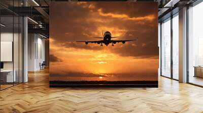 An airplane making its landing in airport, silhouetted against a dramatic sunset sky. Wall mural