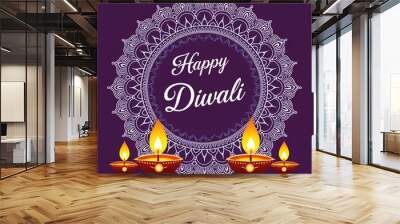 Happy Diwali oil lamps diya  with mandala poster or background Wall mural