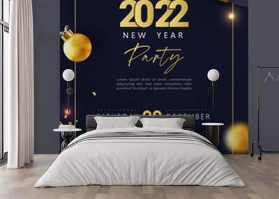 Happy New Year party invitation flyer poster or web banner template with black background and gold text Wall mural