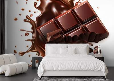 Artistic splash of melted chocolate with floating chocolate pieces, capturing the dynamic and indulgent essence of rich, creamy chocolate against a white background. Wall mural