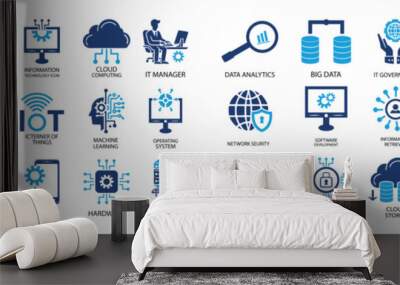 Information Technology icon set. Containing cloud computing, IT manager, big data, data analytics, internet, network security and more. Solid vector icons collection Wall mural