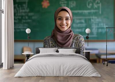 Confident Arab Teacher Smiling in Classroom Environment Setting Wall mural