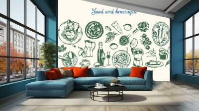 Minimal Italian cuisine vector illustration collection. Food and beverages doodles. Wall mural