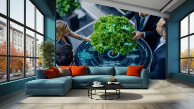 Business Team Collaborating Under Tree with Digital Elements Wall mural