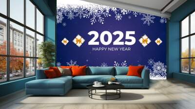 2025 Happy New Year blue background with white snowflakes border  Wall mural