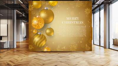 Christmas background with gold Christmas baubles. Elegant Christmas background with gold glitter evening balls Wall mural