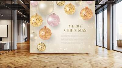 Christmas background with light Christmas baubles. Elegant Christmas background with gold and white evening balls Wall mural