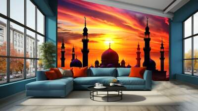 Islamic architecture, majestic mosque, crescent moon, vibrant sunset sky Wall mural