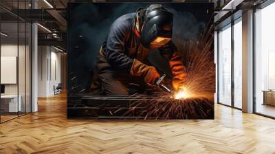 welder working with sparks on a black background Wall mural