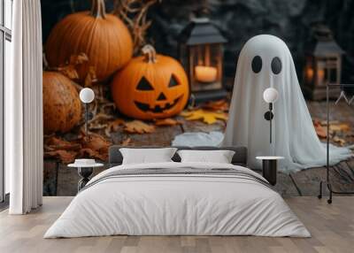  Halloween Still Life with Ghost, Jack-o'-Lantern, and Autumn Decor Wall mural