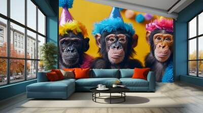 A bunch of apes wearing colorful, stylish clothing, isolated on a plain background for an advertisement. invite to a birthday celebration Wall mural