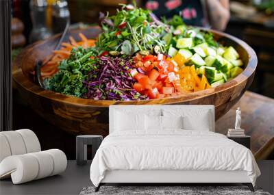 A large, wooden salad bowl filled with fresh greens and colorful vegetables Wall mural