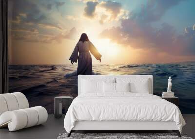 A serene sky and a miraculous scene of Jesus Christ walking on water may be seen above the Sea of Galilee Wall mural