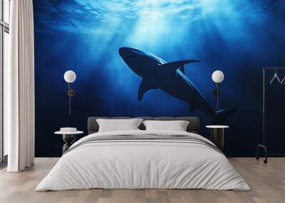 A sleek shark patrolling the deep blue ocean depth Wall mural