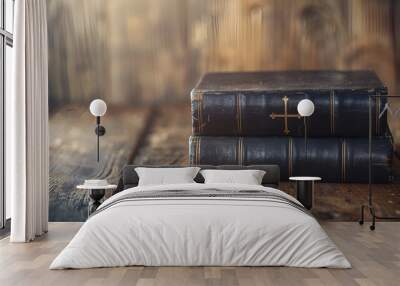 gentle concentration The Bible on a wooden table with space for copies Wall mural