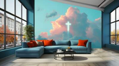 The Christian cross shone brightly in the sky, surrounded by white, lovely, fluffy clouds. With the background of the sky filled with light representing freedom, love, and hope Wall mural