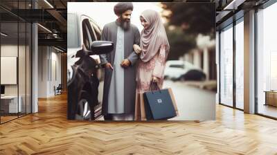 An Islamic girl and Islamic man shoping car, islamic people spending time Wall mural