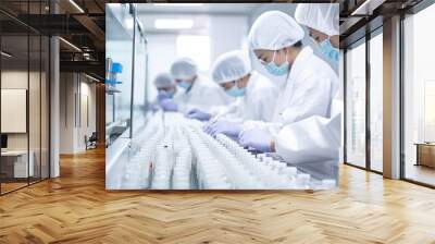 Staff inspecting medical vials on production line in pharmaceutical factory Wall mural