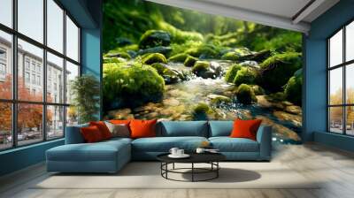 stream flowing with mossy rock Wall mural