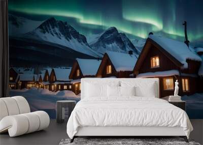 A magical winter village illuminated by the Northern Lights, with small houses buried in snow, warm glowing lights in each window, and reindeer wandering through the snowy streets. Wall mural