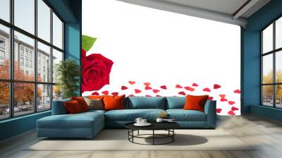 Red roses and hearts on white background Wall mural