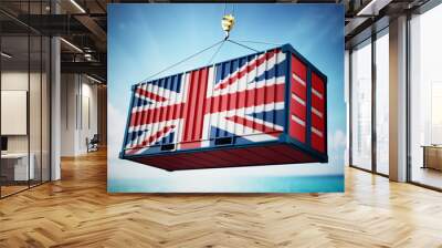 Cargo container with flag of Britain against blue sky. 3D illustration Wall mural