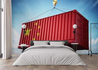 Cargo container with flag of China against blue sky. 3D illustration Wall mural