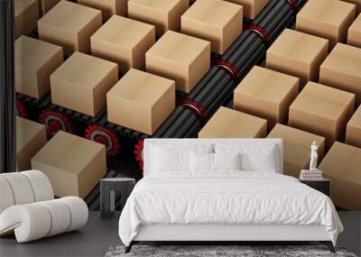 Carton boxes being transported on conveyor belts. 3D illustration Wall mural