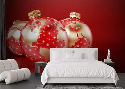 Christmas baubles with earth map on red surface. 3D rendering Wall mural