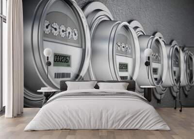 Energy efficient smart electric meters in a row. 3D illustration Wall mural