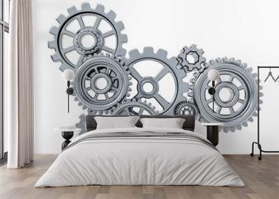 Gears in motion representing teamwork and cooperation on transparent background. 3D illustration Wall mural