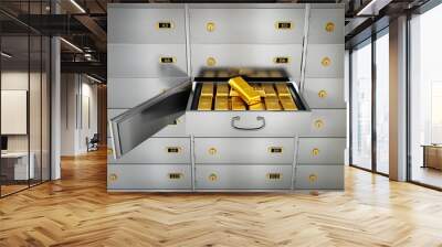 Gold ingots inside private bank deposit box. 3D illustration Wall mural