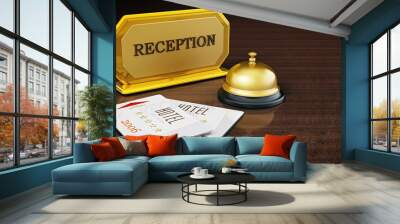 Hotel key card, bell and reception sign on hotel front desk. 3D illustration Wall mural