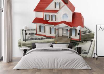 House standing on lots of 100 dollar bills. 3D illustration Wall mural