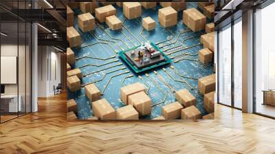 Large group of cardboard boxes connected to microchip. 3D illustration Wall mural