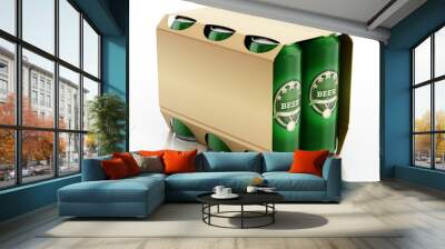 Metal beer cans in a 6 pack package. 3D illustration Wall mural