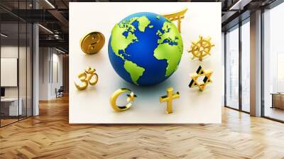 Religion symbols around earth isolated on white background. 3D illustration Wall mural