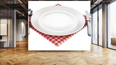 Serving plate, spoon, fork, knife and napkin standing on tablecloth. Transparent background. 3D illustration Wall mural