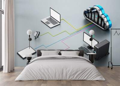 Smart devices connected to the cloud shaped servers. Cloud computing diagram. 3D illustration Wall mural