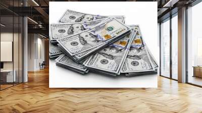 Stack of 100 dollar bills isolated on white background. 3D illustration Wall mural