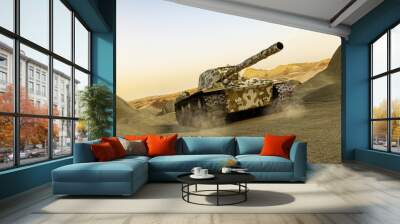 Tank in camouflage moving at the desert Wall mural