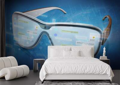 Virtual reality of augmented reality glasses on blue background. 3D illustration Wall mural