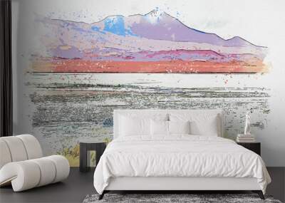 Watercolor drawing picture beautiful landscapes view of Laguna Colorada (Red Lagoon) at Salar de Uyuni, Bolivia. Wall mural