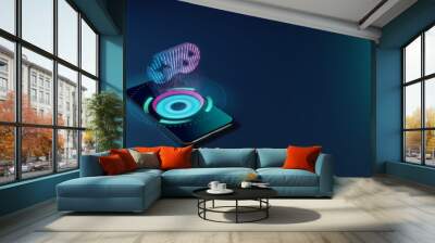 3D rendering neon holographic phone symbol of gamepad icon on dark background Wall mural