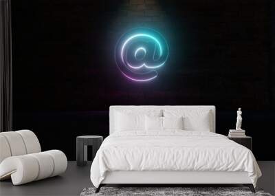 3D rendering of blue violet neon symbol of at sign icon on brick wall Wall mural