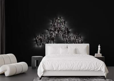 3d rendering of crowd of people with flashlight in shape of symbol of place of worship on dark background Wall mural