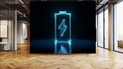 3d rendering wireframe neon glowing vertical symbol of charging empty battery on black background with reflection Wall mural