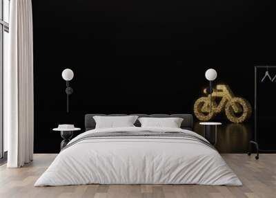 science glitter gold glitter symbol of bicycle without rider 3D rendering on dark black background with blurred reflection with sparkles Wall mural