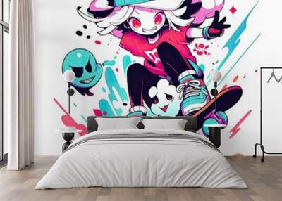 character, cartoon, illustration, vector, playing skateboard, cool, focus, t-shirt design, tee design, white background Wall mural